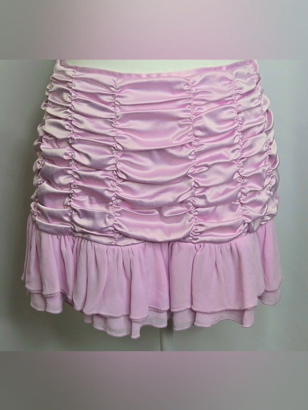 Anthropologie Maeve Lilac Pink Satin Chiffon Ruched Ruffle Mini Skirt NWOT M